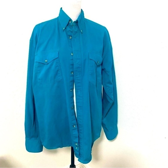 VTG Wrangler Mens Large Turquoise Button Up Long Sleeve Rodeo Cowboy Shirt - Picture 1 of 15